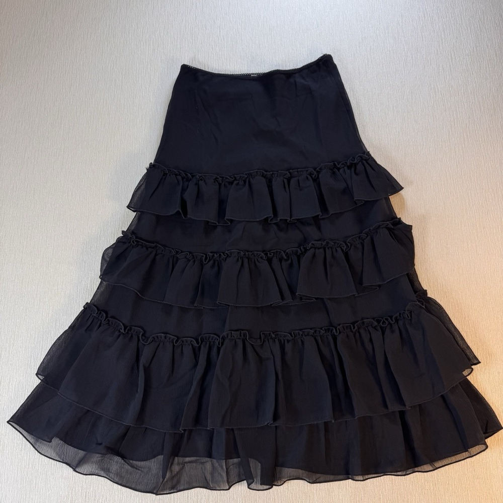 Vtg 90s Y2K Miss Me Black Ruffle Tiered Midi Skirt Sz M Whimsigoth Goth Rare USA